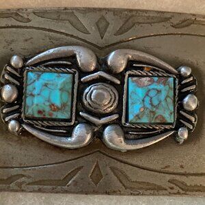 Vintage Metal Belt Buckle, Nice Silver and 2 Nice Blue Turquoise Stones Design